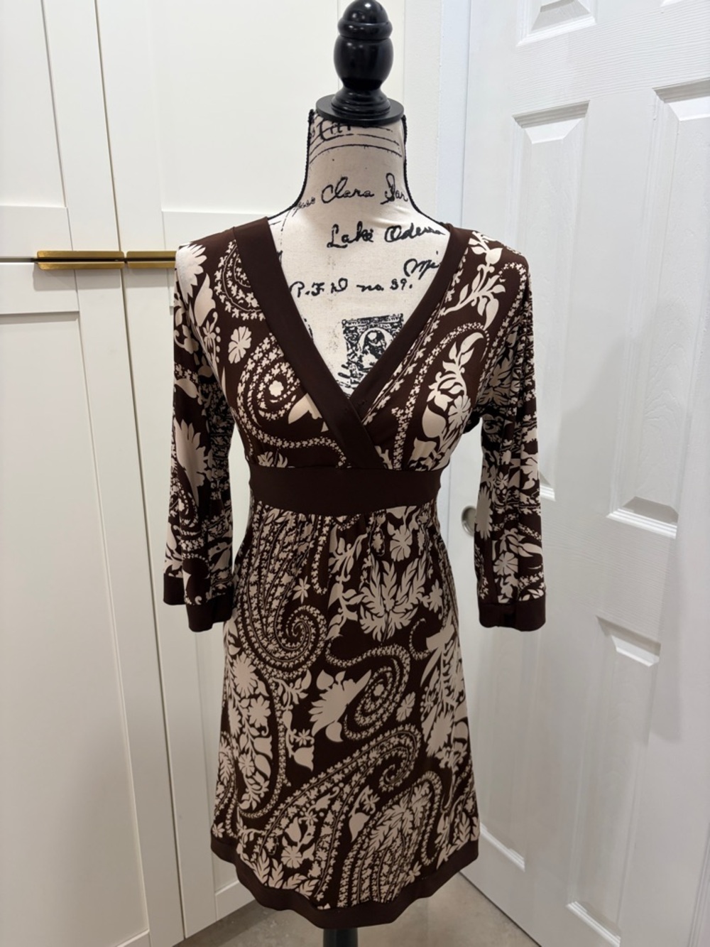 Sexy Brown and Cream Paisley Wrap-Style Women's Dress